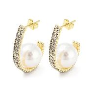 Brass Stud Earrings with ABS Imitation Pearl Beaded, Half Hoop Earrings, Real 18K Gold Plated, 26.5x4mm(EJEW-I300-02G)