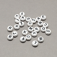 White and Black Acrylic Horizontal Hole Letter Beads, Flat Round with Random Letters, Letter, 7x4mm, Hole: 1.3mm, about 3600pcs/500g(SACR-Q101-01)