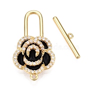 Brass Micro Pave Clear Cubic Zirconia Toggle Clasps, with Enamel, Flower, Real 18K Gold Plated, Black, 27x14.5x6mm, Hole: 1.2mm, Bar: 3.5x17.5x1.5mm, Hole: 1~1.4mm(KK-N254-143G-B)