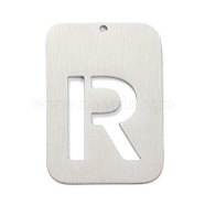 304 Stainless Steel Pendants, Rectangle with Alphabet, Hollow, Letter.R, 32x22x1mm, Hole: 1.5mm(STAS-K216-49R-P)
