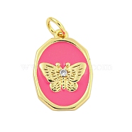 Rack Plating Brass Enamel Pendants, with Jump Ring, Cadmium Free & Lead Free, Long-Lasting Plated, Real 18K Gold Plated, Oval with Butterfly Charm, Hot Pink, 18x12x2.5mm, Hole: 3mm(KK-U021-17C-G)