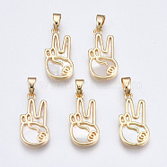 Brass with Natural Sea Shell Pendants, Peace Hand Charms, Nickel Free, Palm, Gesture Language, Victory, Real 18K Gold Plated, 18.5x9x2mm, Hole: 2x4mm(KK-Q277-022-NF)