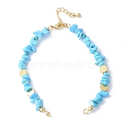 Brass Hexagon & Natural Dyed Howlite Chip Beaded Bracelet Making, with Brass Lobster Claw Clasps and Extender Chains, Rack Plating, Long-Lasting Plated, Cadmium Free & Lead Free, Deep Sky Blue, Real 18K Gold Plated, 6-3/4 inch(17cm), Hole: 2.5x3mm(KK-F892-17G)