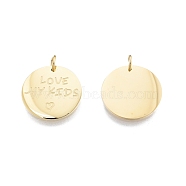 Ion Plating(IP) 304 Stainless Steel Pendants, with Jump Ring, Flat Round with Word Love My Kids & Heart, Real 14K Gold Plated, 17x1mm, Jump Ring: 5x1mm, Inner Diameter: 3mm(STAS-T060-28G)
