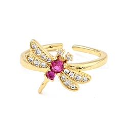 Cubic Zirconia Dragonfly Open Cuff Ring, Real 18K Gold Plated Brass Jewelry for Women, Cadmium Free & Lead Free, Medium Violet Red, US Size 7 1/2(17.7mm)(RJEW-E046-21G)