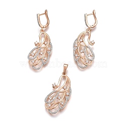 Brass Micro Pave Cubic Zirconia Jewelry Sets, Pendant and Earrings, Long-Lasting Plated, Peacock, Light Gold, 47mm, Hole: 5x7mm; 55mm, Pin: 1mm(SJEW-F189-15KCG)
