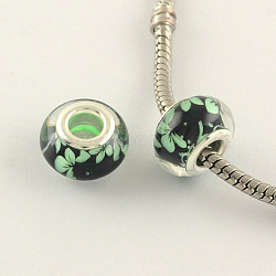 Large Hole Flower Pattern Resin European Beads, with Silver Color Plated Brass Double Cores, Rondelle, Light Green, 14x9mm, Hole: 5mm(OPDL-R120-06A)