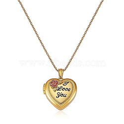 Heart with Rose Flower Picture Locket Pendant Necklace, Word I Love You Brass Memorial Jewelry for Women, Golden, 17.72 inch(45cm)(JN1036A)