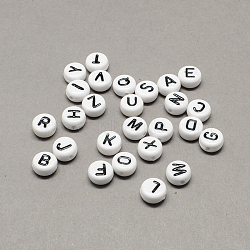 White and Black Acrylic Horizontal Hole Letter Beads, Flat Round with Random Letters, Letter, 7x4mm, Hole: 1.3mm, about 3600pcs/500g(SACR-Q101-01)