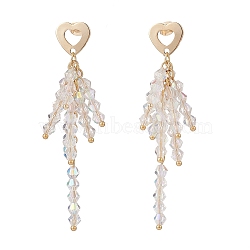 Clear Glass Beaded Tassel Dangle Stud Earrings, 201 Stainless Steel Cluster Long Drop Earrings for Women, Golden, 65mm, Pin: 0.6mm(EJEW-TA00160)