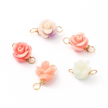 Synthetic Coral Links Connectors, with Golden Tone Copper Wire Loop, 3D Rose Flower, Mixed Color, 10.5x7x6.5mm, Hole: 1.5mm
