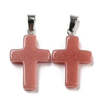 Synthetic Luminous Stone Dyed Pendants, Glow in the Dark Cross Charms with Platinum Plated Iron Snap on Bails, Indian Red, 28x18x4.5mm, Hole: 7x4mm