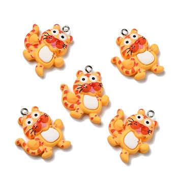 Opaque Resin Pendants, with Platinum Tone Iron Loops, Tiger, Orange, 27.5x23.5x5.5mm, Hole: 2mm