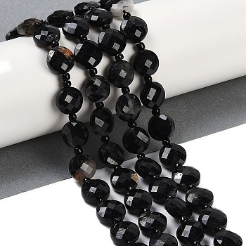 Natural Black Tourmaline Beads Strands, Faceted, Flat Round, with Seed Beads, 9.5~10x5~6mm, Hole: 1mm, about 32~34pcs/strand, 15.75~14.96''(38~40cm)