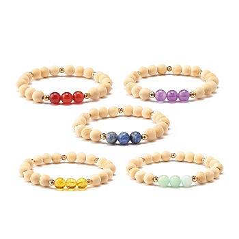 Natural Wood Round Beads Stretch Bracelet, Synthetic Hematite & Natural Mixed Stone Beads Bracelet for Women, Inner Diameter: 2-3/8 inch(6cm)