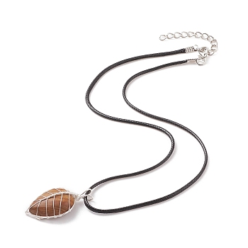 Natural Picture Jasper Leaf Cage Pendant Necklace with Waxed Cords, Gemstone Jewelry for Women, 17.32 inch(44cm)