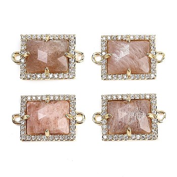 Natural Sunstone Faceted Rectangle Links, Rack Plating Brass Micro Pave Clear Cubic Zirconia Connector Charms, Golden, 11.5x18x4.5mm, Hole: 1.4mm