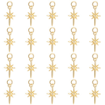 20Pcs Brass Pendants, with Jump Rings, Star, Real 18K Gold Plated, 17x9.7x2.5mm, Hole: 3.4mm