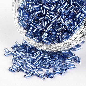 Tube Silver Lined Round Hole Glass Bugle Beads, Cornflower Blue, 3~5x1.8~2mm, Hole: 0.8mm, about 1200pcs/50g