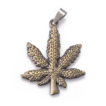 Tibetan Style Alloy Pendants, with Stainless Steel Findings, Pot Leaf/Hemp Leaf Shape, Weed Charms, Antique Bronze & Stainless steel Color, 44.5x37x2mm, Hole: 4x9mm
