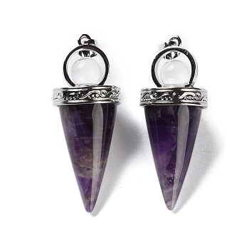 Natural Amethyst Pendants, with Rack Plating Brass Findings, Lead Free & Cadmium Free, Cone, 46~47x18mm, Hole: 7x5mm