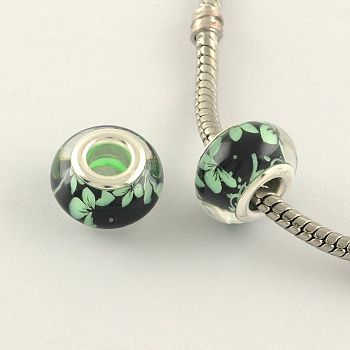 Large Hole Flower Pattern Resin European Beads, with Silver Color Plated Brass Double Cores, Rondelle, Light Green, 14x9mm, Hole: 5mm