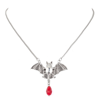 Alloy Bat and Glass Pendant Necklaces, with 304 Stainless Steel Curb Chain Necklaces, Antique Silver, 17.80 inch(45.2cm)
