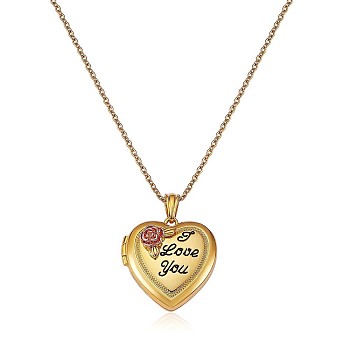Heart with Rose Flower Picture Locket Pendant Necklace, Word I Love You Brass Memorial Jewelry for Women, Golden, 17.72 inch(45cm)