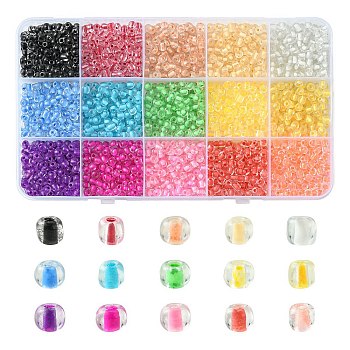 195G 15 Colors 6/0 Transparent Glass Seed Beads, Inside Colours, Round Hole, Round, Mixed Color, 3.5~4x3mm, Hole: 2mm, 13g/color