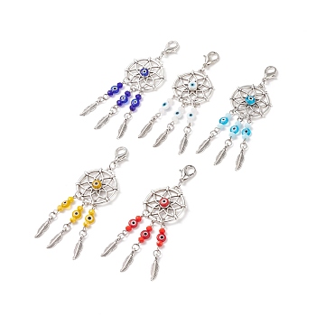 Woven Net/Web with Feather Tibetan Style Alloy Pendant Decorations, with Handmade Evil Eye Lampwork Bead & Alloy Lobster Claw Clasps, Clip-on Charms, Mixed Color, 90mm
