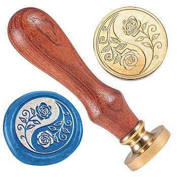 Golden Tone Brass Sealing Wax Stamp Head, with Wood Handle, Yinyang Rose, for Envelopes Invitations, Gift Card, Flower, 83x22mm, Stamps: 25x14.5mm