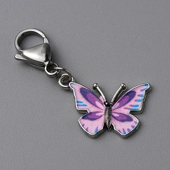 Butterfly Alloy Enamel Pendant Decoration, Stainless Steel Lobster Clasp Charms, Clip-on Charms, for Keychain, Purse, Backpack Ornament, Medium Orchid, 39mm