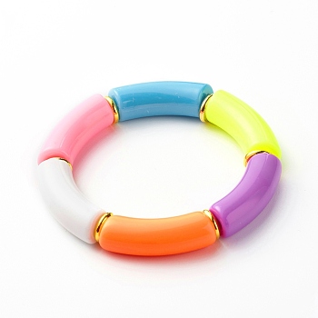 Chunky Curved Tube Acrylic Beads Stretch Bracelet for Girl Women, Pink, Inner Diameter: 2-1/8 inch(5.3cm)