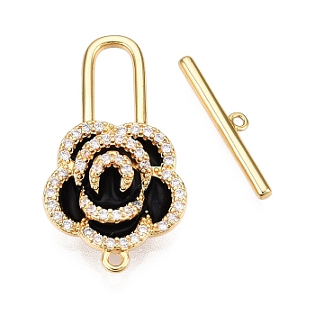 Brass Micro Pave Clear Cubic Zirconia Toggle Clasps, with Enamel, Flower, Real 18K Gold Plated, Black, 27x14.5x6mm, Hole: 1.2mm, Bar: 3.5x17.5x1.5mm, Hole: 1~1.4mm