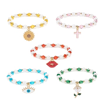 Acrylic Beaded Stretch Bracelet with Alloy Enamel Charms for Women, Mixed Color, Inner Diameter: 2-1/8 inch(5.3cm)