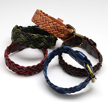 Trendy Unisex Casual Style Braided Hemp and Leather Wristband Bracelets, with Iron Watch Band Clasps, Antique Bronze, Mixed Color, 250x19x4mm