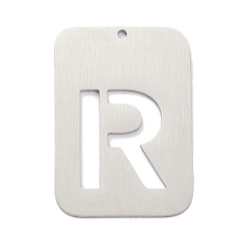 304 Stainless Steel Pendants, Rectangle with Alphabet, Hollow, Letter.R, 32x22x1mm, Hole: 1.5mm