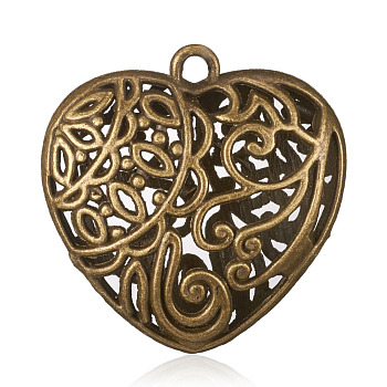 Tibetan Style Alloy Hollow Heart Pendants, Antique Bronze, 40x39.5x14.5mm, Hole: 4mm