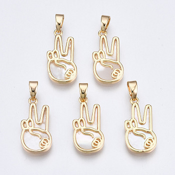Brass with Natural Sea Shell Pendants, Peace Hand Charms, Nickel Free, Palm, Gesture Language, Victory, Real 18K Gold Plated, 18.5x9x2mm, Hole: 2x4mm