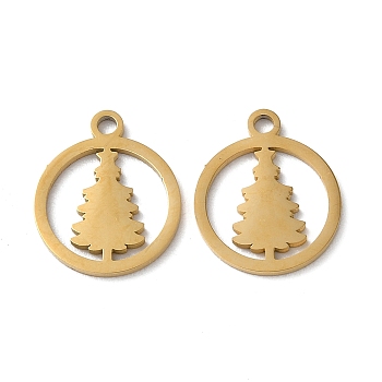 Ion Plating(IP) 304 Stainless Steel Charms, Laser Cut, Round Ring with Christmas Tree Charms, Golden, 14.5x12x1mm, Hole: 1.6mm