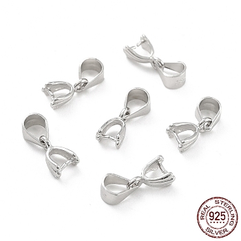 Rhodium Plated 925 Sterling Silver Ice Pick Pinch Bails, Platinum, 8x5x3.4mm, Pin: 0.1mm