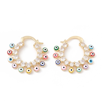 Colorful Evil Eye Enamel Hoop Earrings with Clear Cubic Zirconia, Brass Jewelry for Women, Lead Free & Cadmium Free, Real 18K Gold Plated, 21x26x3mm, Pin: 0.6mm