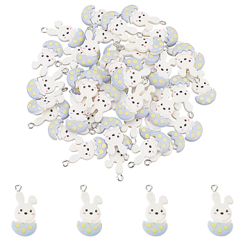 50Pcs Easter Theme Opaque Resin Pendants, with Platinum Tone Iron Loops, Rabbit Charm with Eggshell, White, 32.5x15.5x5mm, Hole: 2mm