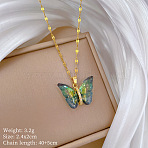 Brass Crystal Rhinestone Resin Glitter Butterfly Pendant 304 Stainless Steel Dapped Chain Necklaces for Women, Golden, Green, 15.75 inch(40cm)(WG45291-01)