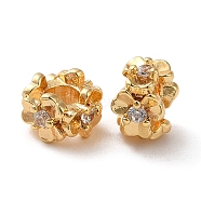 Brass Micro Pave Cubic Zirconia Beads, Ring with Flower, Real 18K Gold Plated, 6.5x4.5mm, Hole: 2.5mm(KK-P239-31B-G)