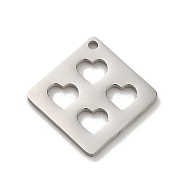 304 Stainless Steel Pendants, Laser Cut, Rhombus with Heart Charm, Stainless Steel Color, 17x17x1mm, Hole: 1.2mm(STAS-O005-19P)