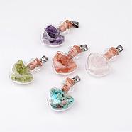 Heart Glass Bottle with Natural & Synthetic Mixed Stone Inside Pendants, with 304 Stainless Steel Findings, 31x22x11mm, Hole: 7x4mm(PALLOY-JF00172)