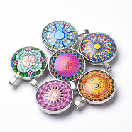 Glass Pendants, with Brass Findings, Flat Round, Geometric Flower Theme, Platinum, Mixed Color, 36x27x14mm, Hole: 3.5x7mm(GLAA-Q062-A)