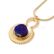 Natural Quartz Flat Round Pendant Necklace with 304 Stainless Steel Snake Chain, Druzy Gemstone Jewelry for Women, Golden, Marine Blue, 17.72 inch(45cm)(NJEW-K244-02G)