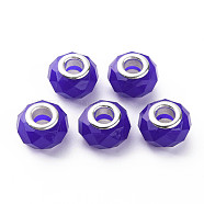 Resin European Beads, Large Hole Beads, with Silver Tone Brass Double Cores, Faceted, Rondelle, Dark Blue, 14x9mm, Hole: 5mm(RPDL-T003-07G)